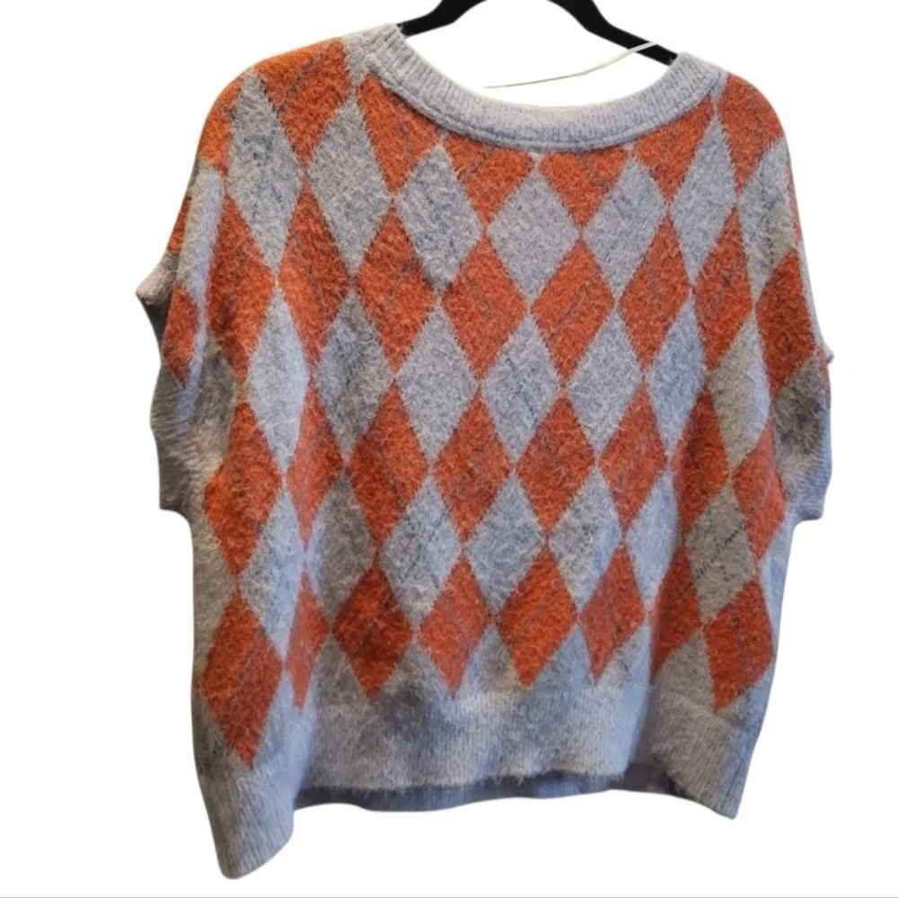 Free People Argyle V-NeckSweater Vest Blue & Orange Size Small